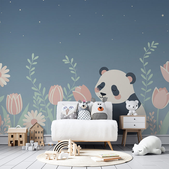 Babyzimmer Tapete | Schlafender Panda unter süßen Blumen unter einem sternenklaren Himmel