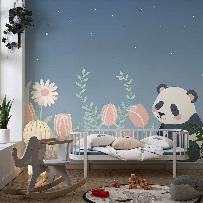 Babyzimmer Tapete | Schlafender Panda unter süßen Blumen unter einem sternenklaren Himmel