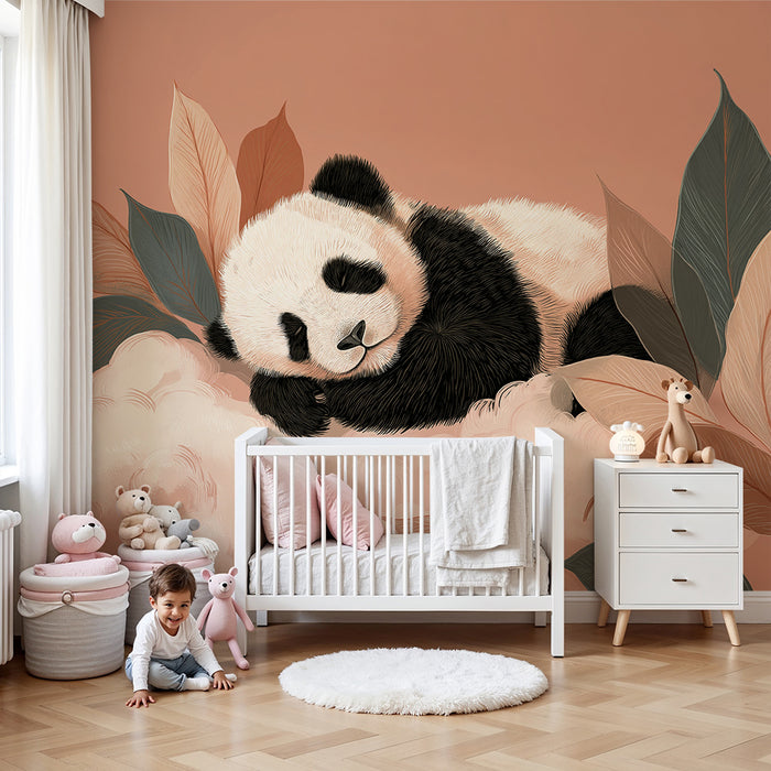 Babyzimmer Tapete | Schlafender Panda zwischen weichen Blättern