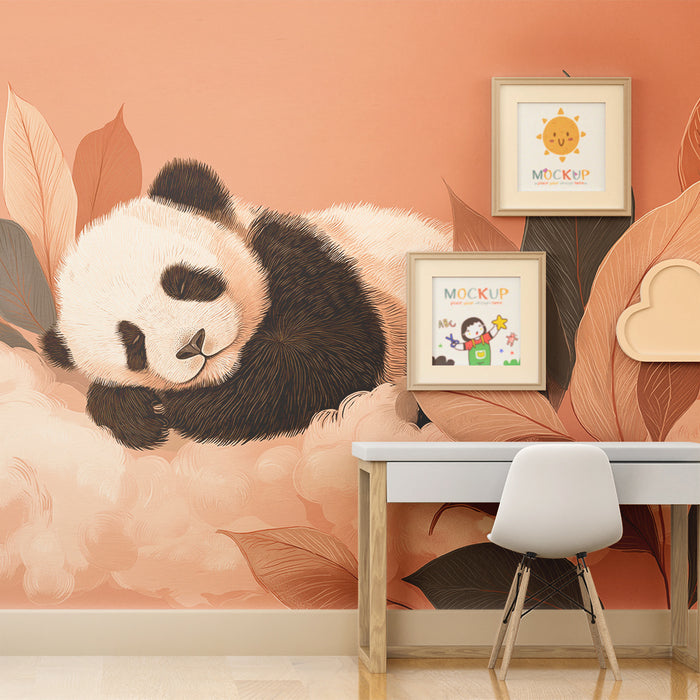 Babyzimmer Tapete | Schlafender Panda zwischen weichen Blättern