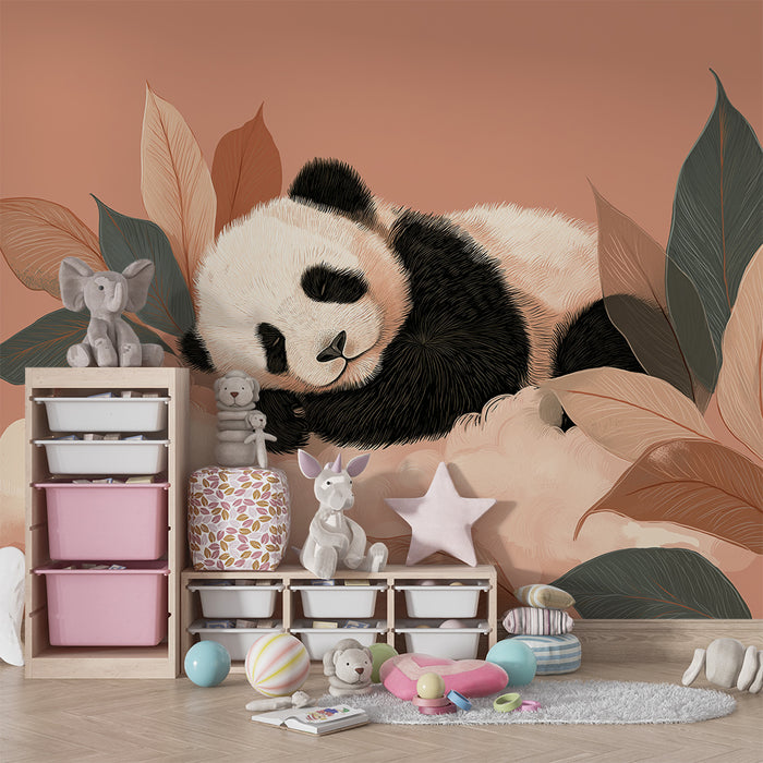 Babyzimmer Tapete | Schlafender Panda zwischen weichen Blättern