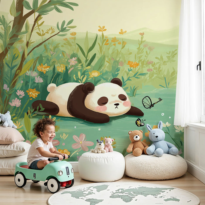 Tapeta do detskej izby | Spíaci panda medzi farebnými kvetmi