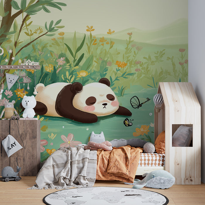 Tapeta do detskej izby | Spíaci panda medzi farebnými kvetmi