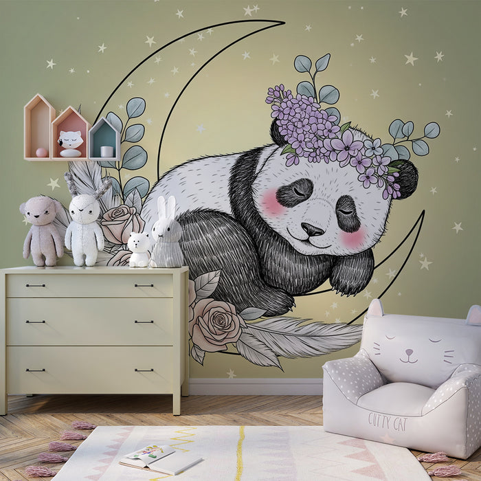 Lastenhuoneen tapetti | Nukkuva panda kuun alla