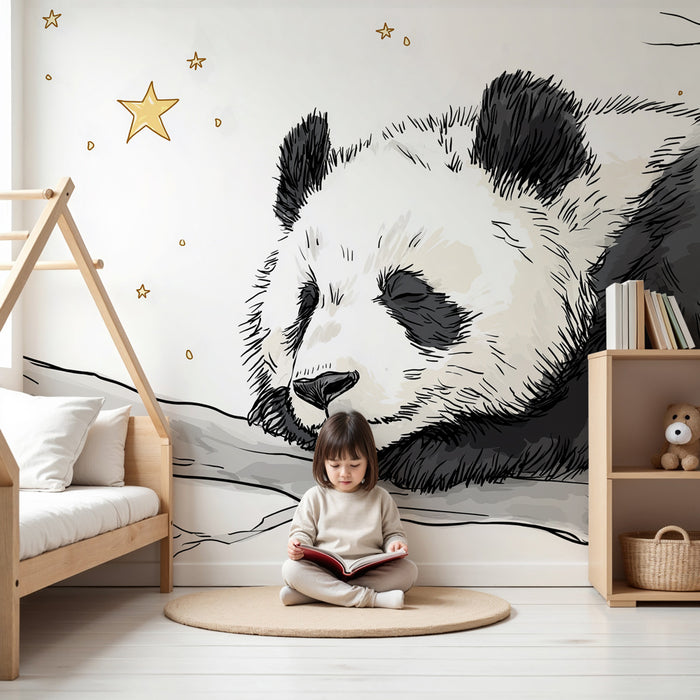 Papier peint chambre bébé | Panda endormi sous les étoiles