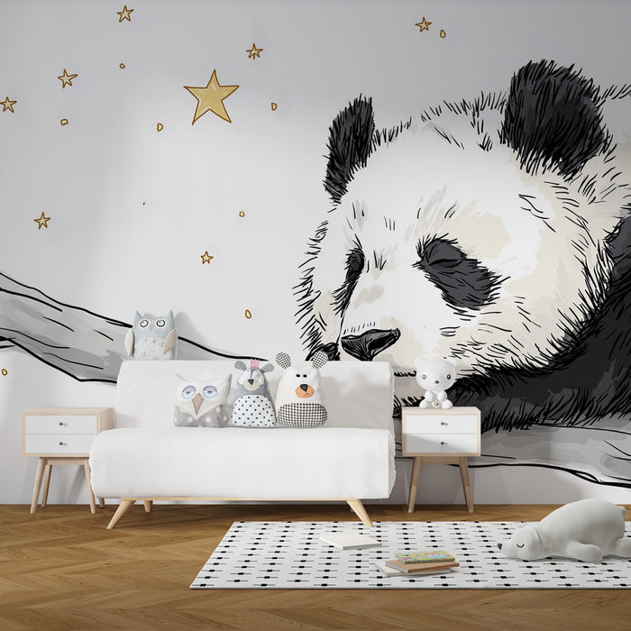 Papier peint chambre bébé | Panda endormi sous les étoiles