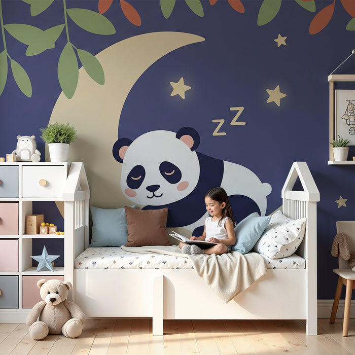 Papier peint chambre bébé | Panda endormi sur la lune