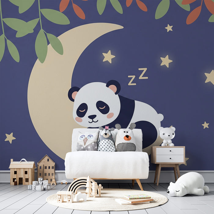 Papier peint chambre bébé | Panda endormi sur la lune