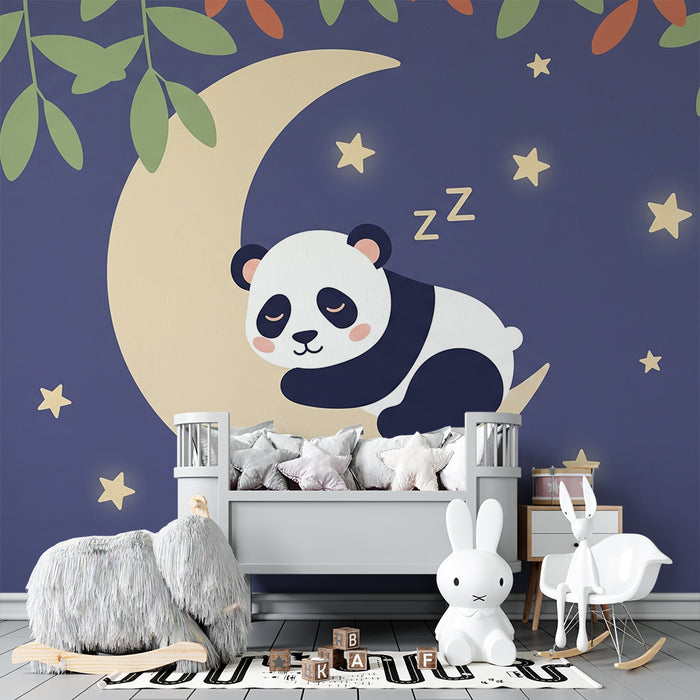 Papier peint chambre bébé | Panda endormi sur la lune