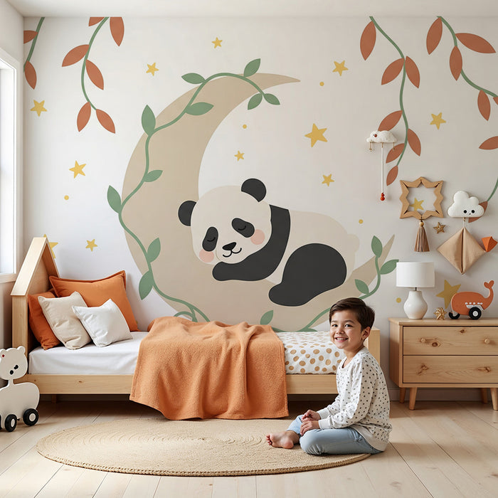 Papier peint chambre bébé | Panda endormi sur la lune avec une belle végétation