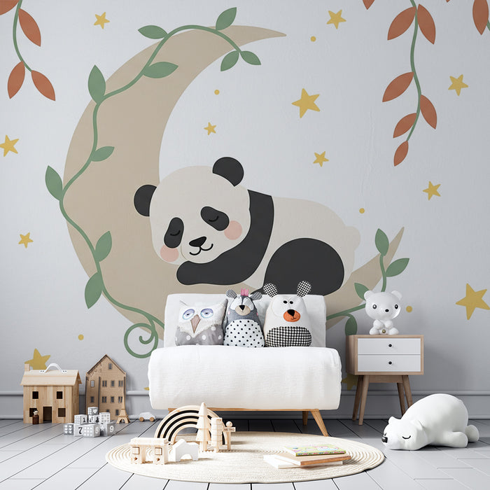 Papier peint chambre bébé | Panda endormi sur la lune avec une belle végétation