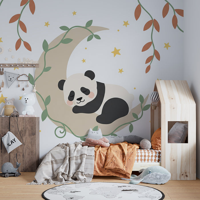 Papier peint chambre bébé | Panda endormi sur la lune avec une belle végétation