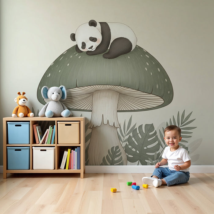 Papier peint chambre bébé | Panda endormi sur un champignon