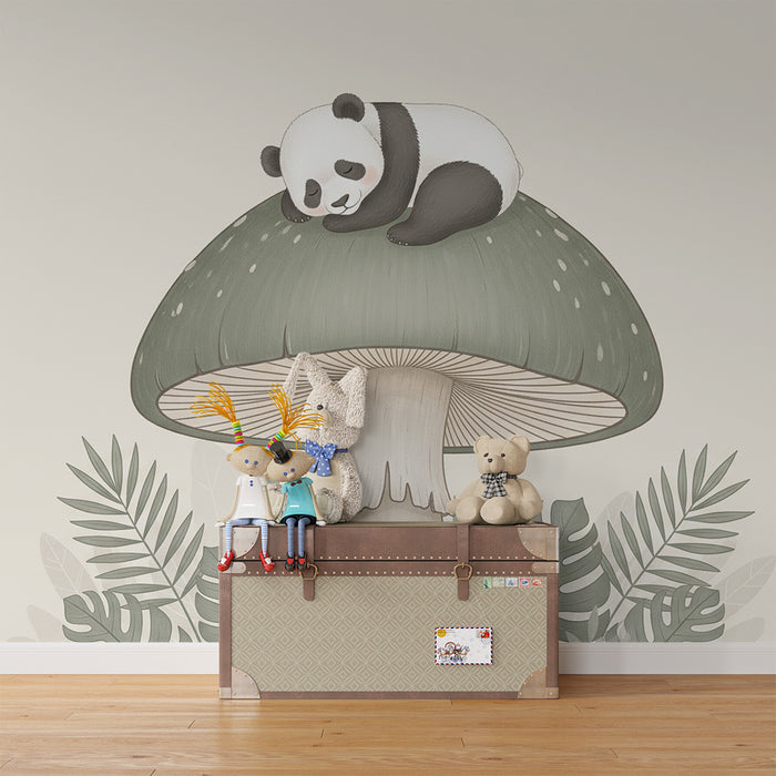 Papier peint chambre bébé | Panda endormi sur un champignon
