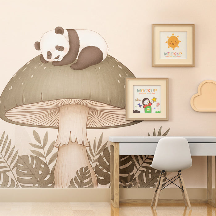Papier peint chambre bébé | Panda endormi sur un champignon