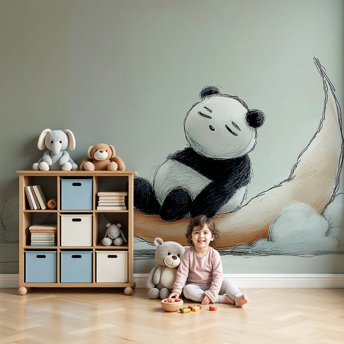 Babyzimmer Tapete | Schlafender Panda auf einer Mondsichel