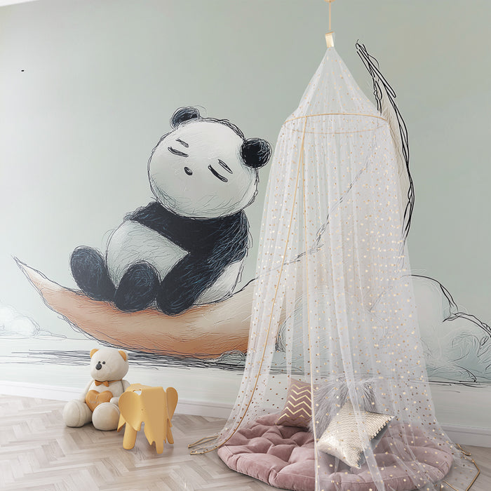 Babyzimmer Tapete | Schlafender Panda auf einer Mondsichel
