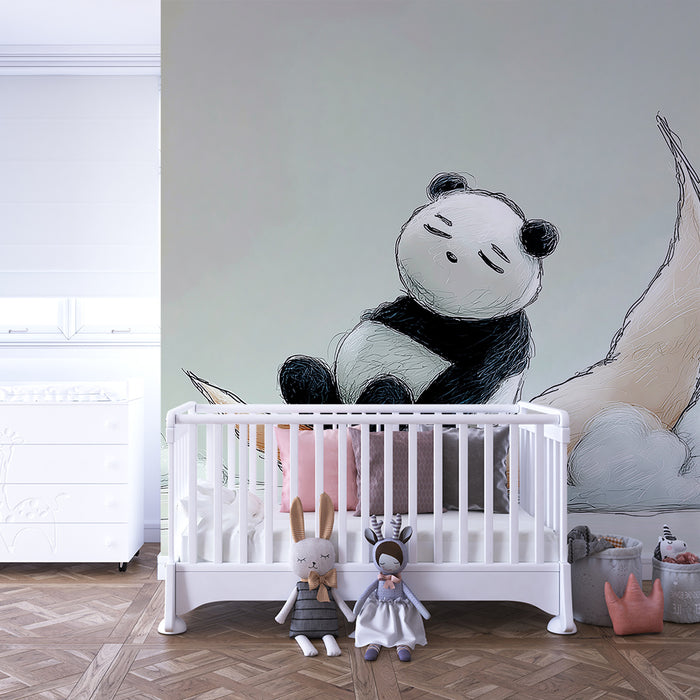 Babyzimmer Tapete | Schlafender Panda auf einer Mondsichel