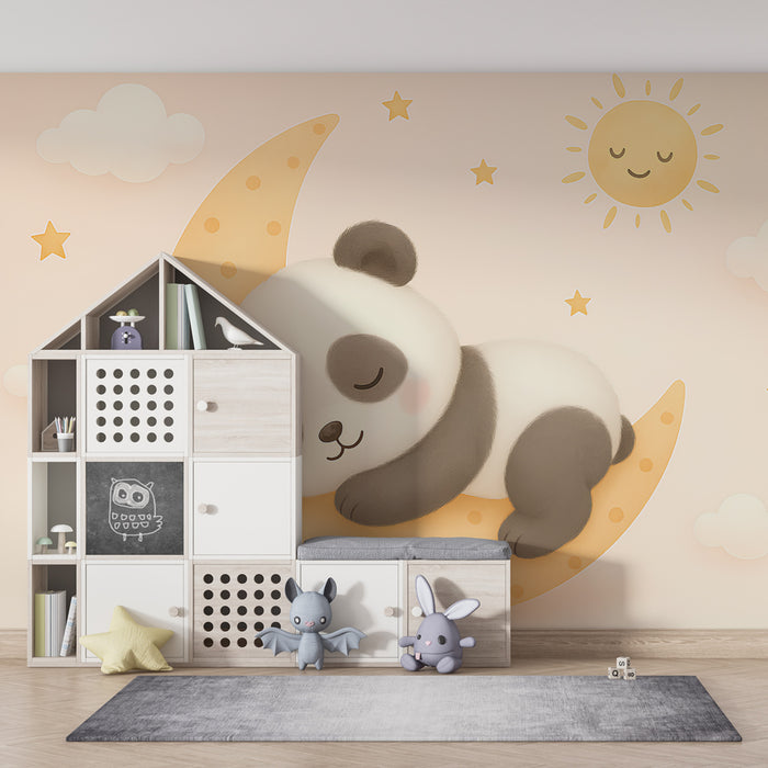 Nursery room wallpaper | Sleeping panda on a crescent moon