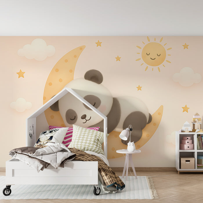 Nursery room wallpaper | Sleeping panda on a crescent moon