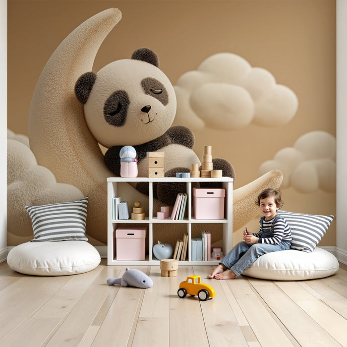 Babyzimmer Tapete | Schlafender Panda auf einer Mondsichel mit weichen Wolken