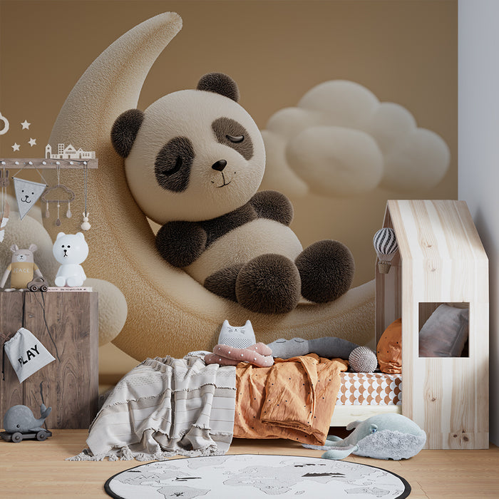 Babyzimmer Tapete | Schlafender Panda auf einer Mondsichel mit weichen Wolken