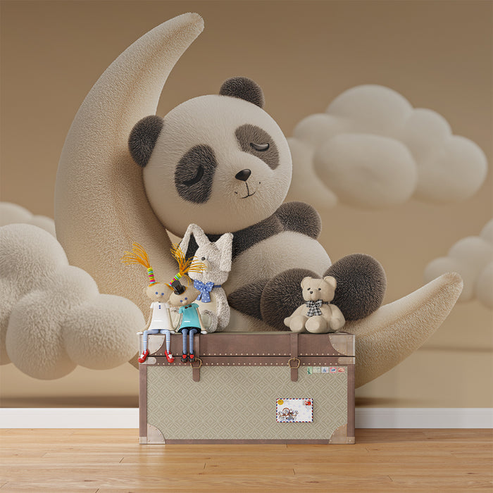 Babyzimmer Tapete | Schlafender Panda auf einer Mondsichel mit weichen Wolken