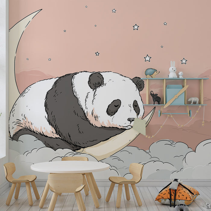 Papel de parede quarto bebê | Panda a dormir numa lua crescente num céu estrelado