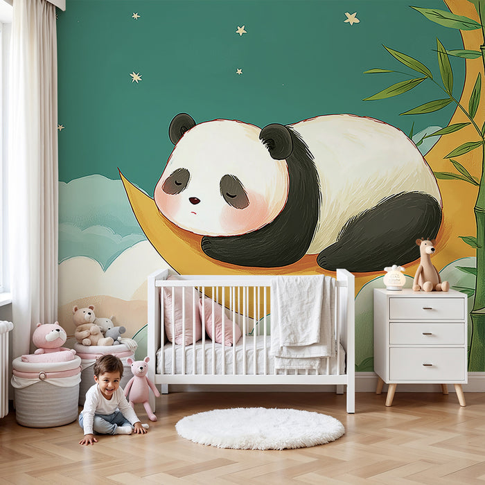 Papel de parede quarto bebê | Panda a dormir numa lua crescente num céu estrelado