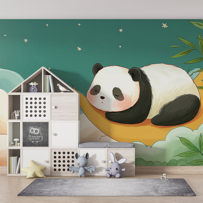 Papel de parede quarto bebê | Panda a dormir numa lua crescente num céu estrelado