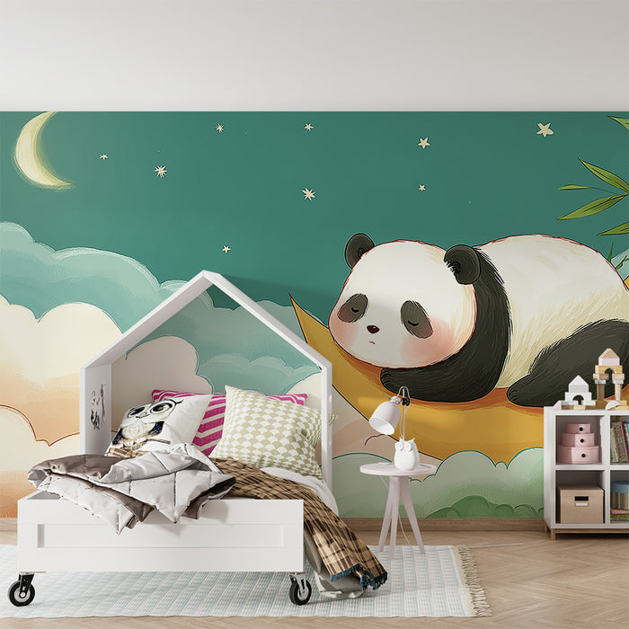 Papel de parede quarto bebê | Panda a dormir numa lua crescente num céu estrelado