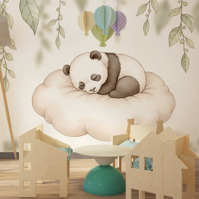 Babykamer behang | Slapende panda op een wolk
