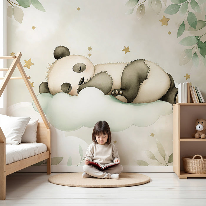 Babykamer behang | Slapende panda op een wolk met gouden sterren