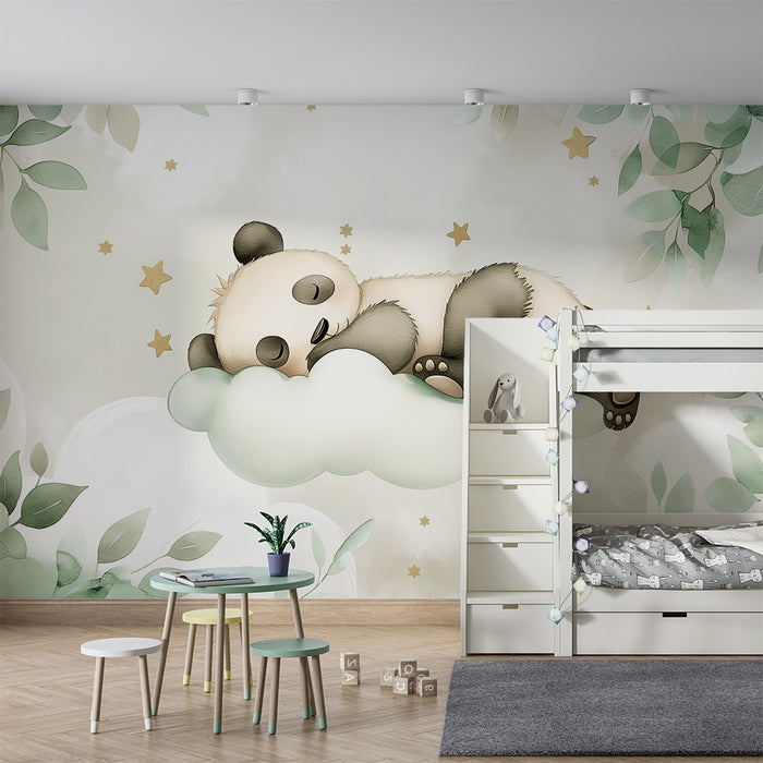 Babykamer behang | Slapende panda op een wolk met gouden sterren