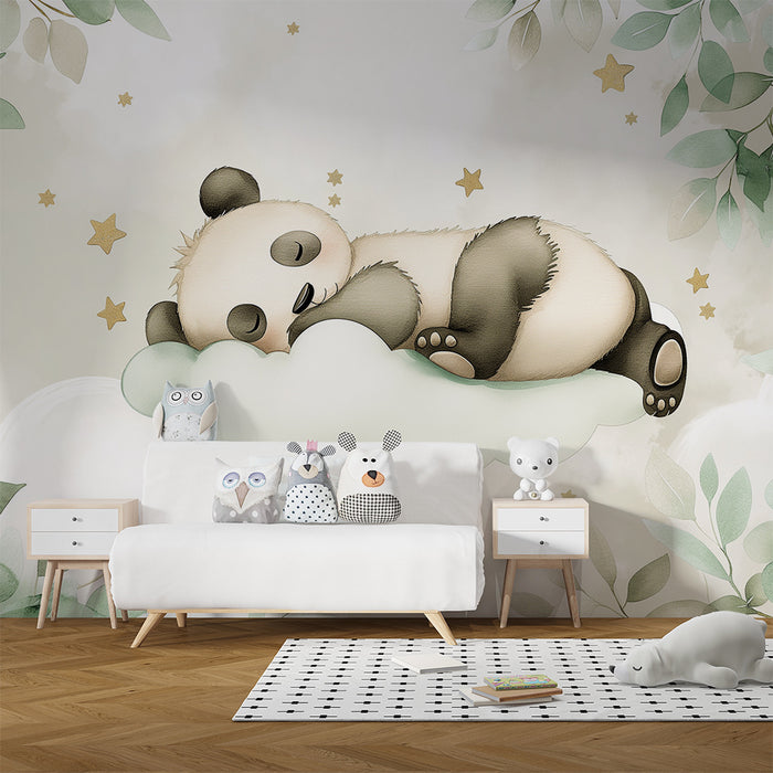 Babykamer behang | Slapende panda op een wolk met gouden sterren
