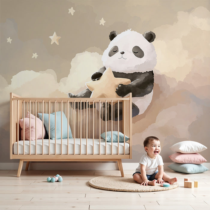 Babyzimmer Tapete | Schlafender Panda auf einer Wolke mit einem Stern