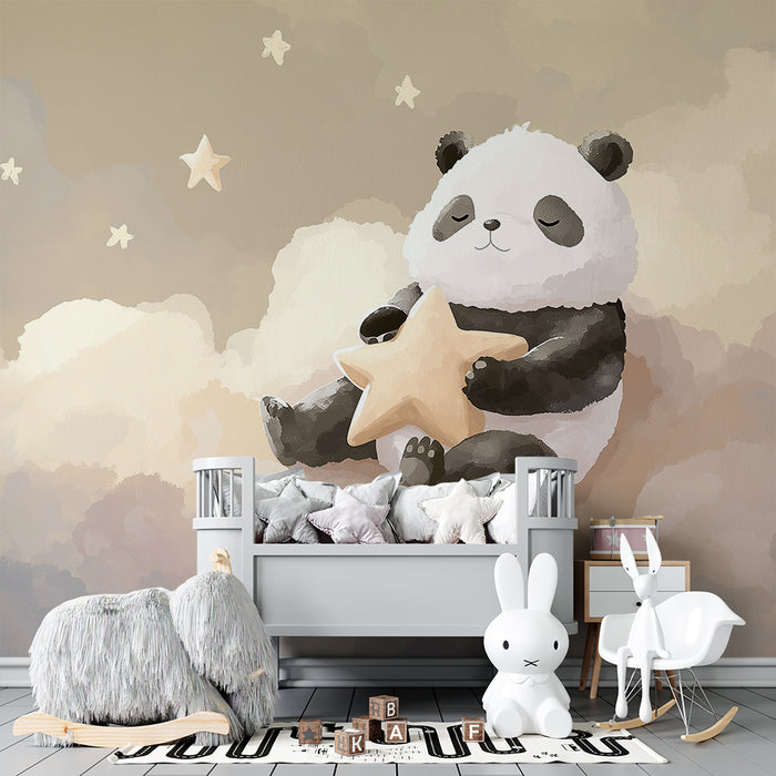 Babyzimmer Tapete | Schlafender Panda auf einer Wolke mit einem Stern