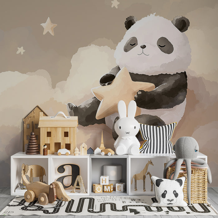 Babyzimmer Tapete | Schlafender Panda auf einer Wolke mit einem Stern