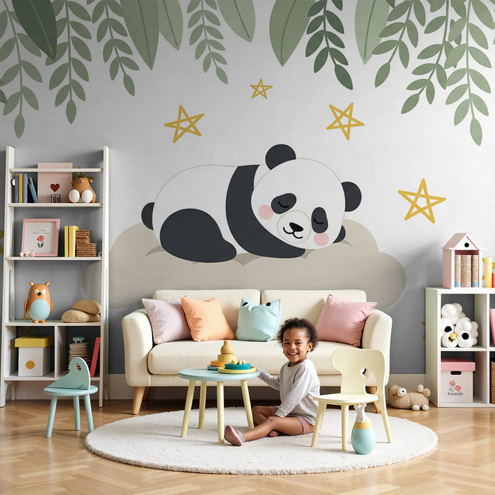 Papier peint chambre bébé | Panda endormi sur un nuage étoilé