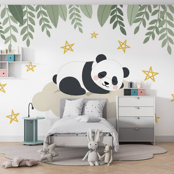 Papier peint chambre bébé | Panda endormi sur un nuage étoilé