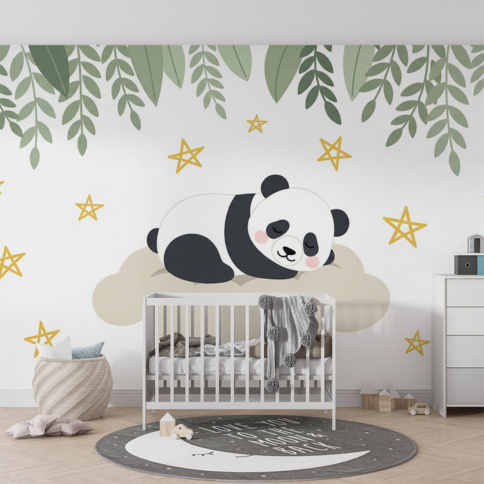 Papier peint chambre bébé | Panda endormi sur un nuage étoilé