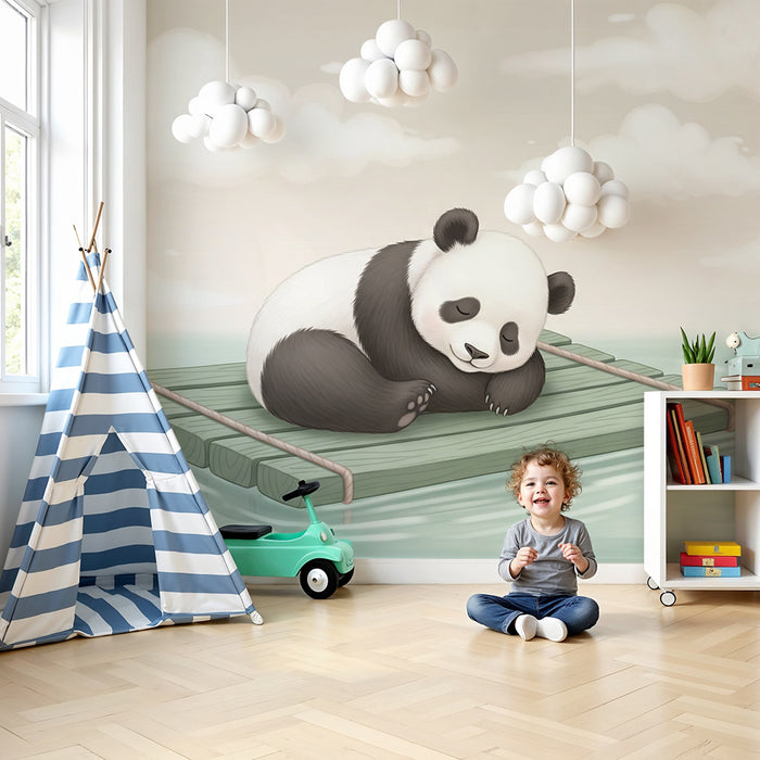 Papier peint chambre bébé | Panda endormi sur un radeau