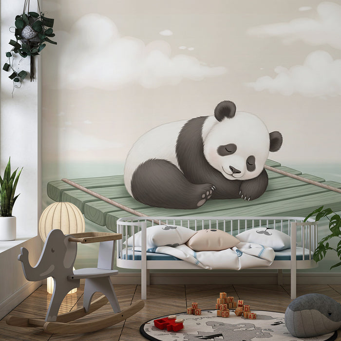 Papier peint chambre bébé | Panda endormi sur un radeau