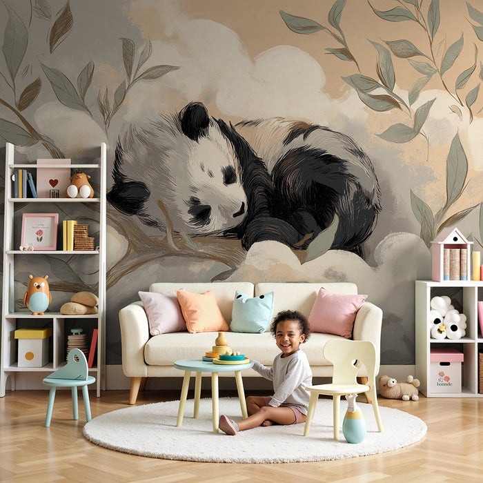 **Tapet till babyrum | Sovande panda på en gren med mjukt bladverk**