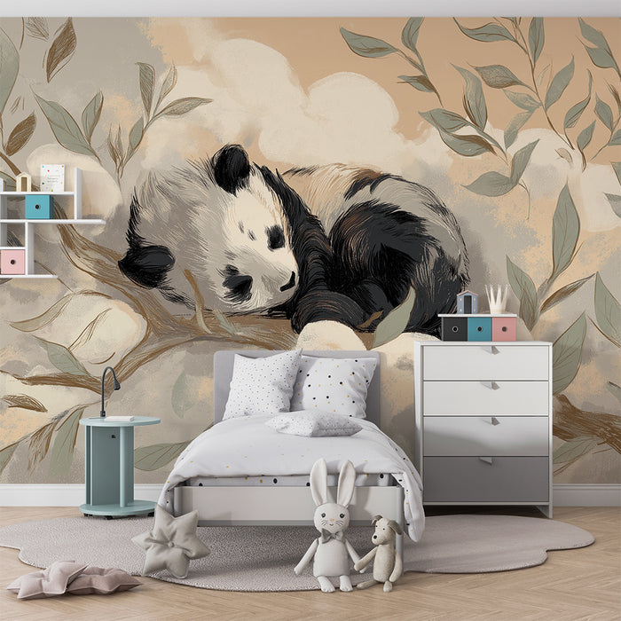 **Tapet till babyrum | Sovande panda på en gren med mjukt bladverk**
