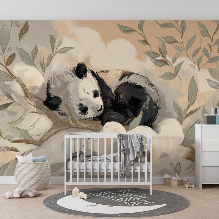 **Tapet till babyrum | Sovande panda på en gren med mjukt bladverk**