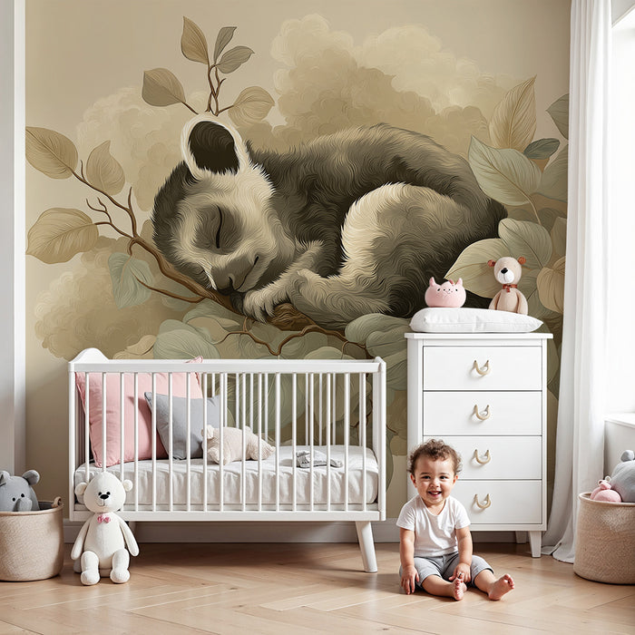 Papel de parede quarto bebê | Спящ панда на клон с меки листа