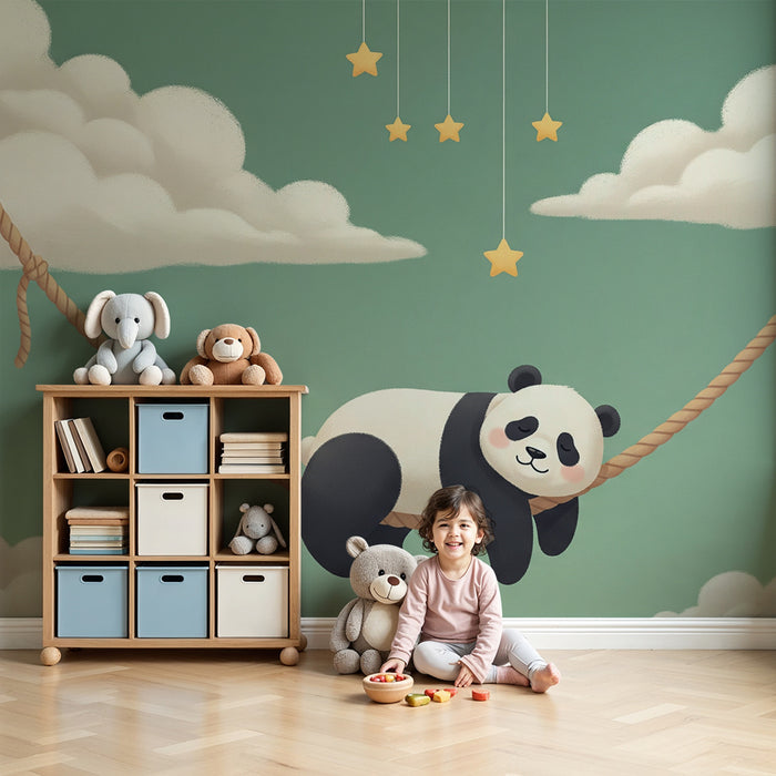 Papier peint chambre bébé | Panda endormi sur une corde avec des étoiles suspendues