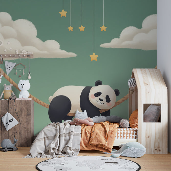 Papier peint chambre bébé | Panda endormi sur une corde avec des étoiles suspendues