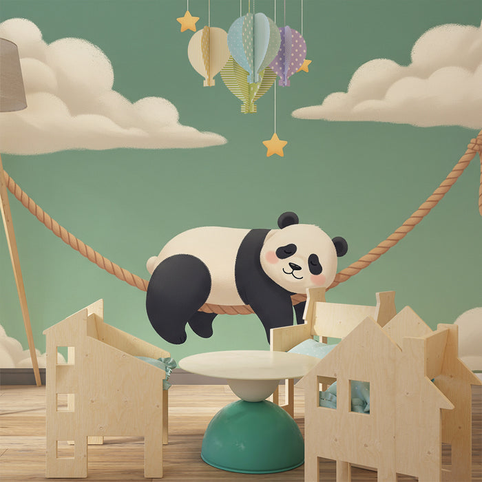 Papier peint chambre bébé | Panda endormi sur une corde avec des étoiles suspendues